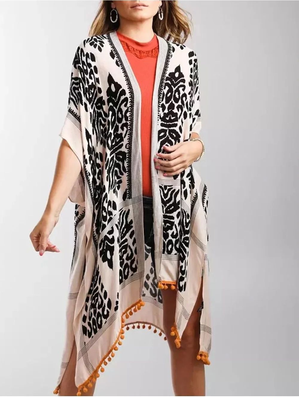 Angie Kimono Cardigan One Size Boho Festival Pom Pom Duster Western Beach